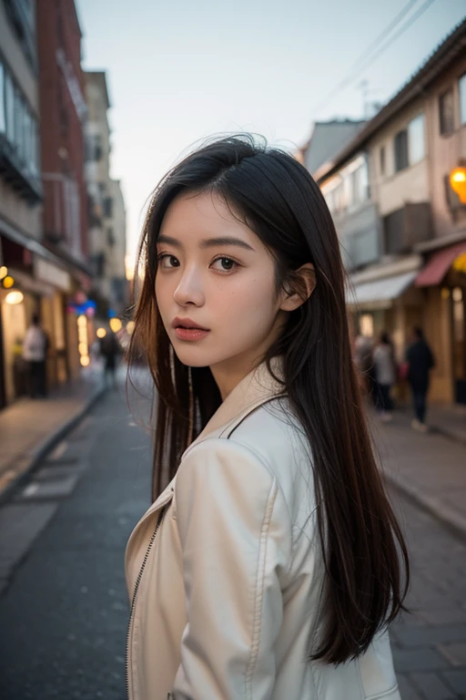 A young Asian woman, positioned slightly off-center to the left of the image, is depicted in a narrow urban street at twilight.  She is in her late teens or early twenties, with long dark hair and light skin.  She is wearing a black leather jacket, a light...