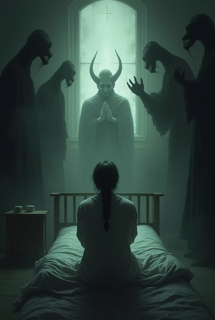 A kneeling person praying at the head of the bed, while demons watching around you 