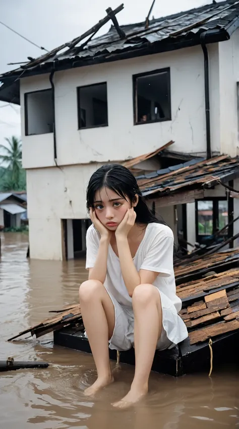 A young girl with black hair and large expressive eyes, wearing a white top, sits on the slanted rooftop of a flooded house, her legs pulled close to her chest as she sobs, tears streaming down her cheeks, her body trembling from fear and exhaustion, her h...