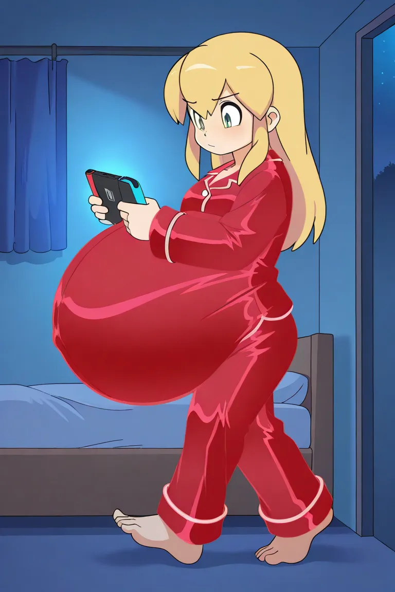 masterpiece, best quality, amazing quality, very aesthetic, absurdres, solo, full body, toon \(style\), barefoot, solo, red pajamas, hyper pregnancy, walking to her bed, bedroom, serious, holding a Nintendo Switch, hair down, playing a Nintendo Switch, nig...