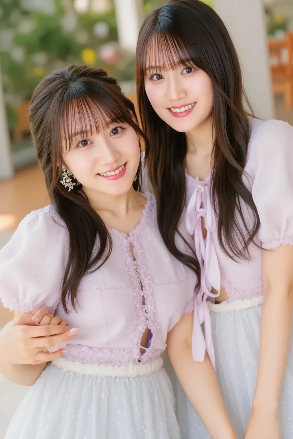 Two Japanese twin women are smiling and posing happily for a photo together. They are dressed in matching outfits, perhaps in light pastel colors, with their hair styled similarly. The setting is a cheerful, bright location, such as a park or a café with n...