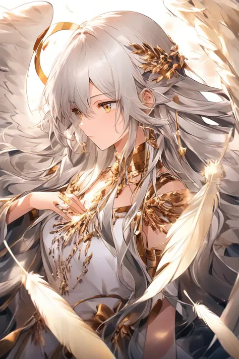 Silver Haired Girl、beautiful、美Shii、Celestial、Angel wings grow on my back、 Angel Ring 、Feathers are dancing、 expressionless、 hair is long、 golden eyes、 Fantastic、White and gold clothes、god々Shii、profile、pure white、The hair is very long