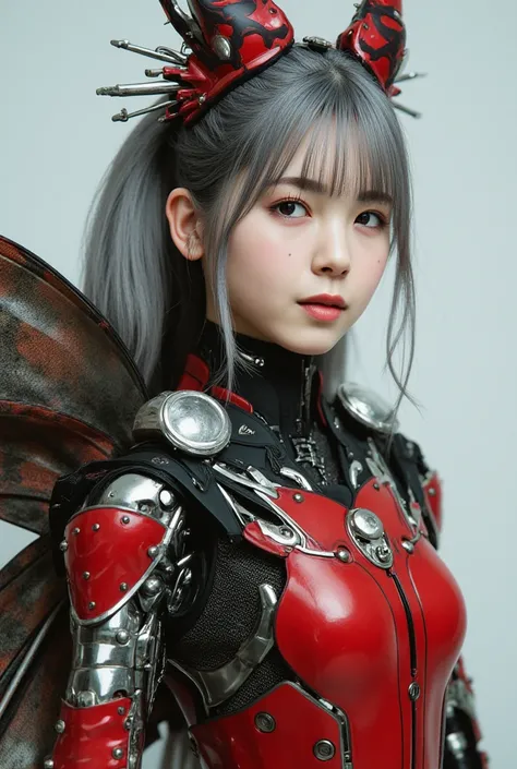 Insect-type Cyborg Girl, (top-quality:1.2, masterpiece), ultra-high resolution, ultimately surrealism, (Photorealsitic:1.4), (stag beetle-like (mechanical:1.4) (armor:1.1)),mechanical large wings, red porcelain body, mechanical legs, gray hair, growly skin...