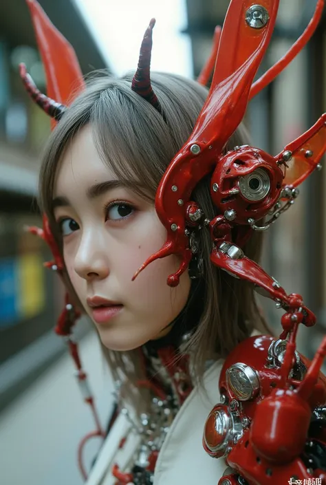 Insect-type Cyborg Girl, (top-quality:1.2, masterpiece), ultra-high resolution, ultimately surrealism, (Photorealsitic:1.4), (stag beetle-like (mechanical:1.4) (armor:1.1)),mechanical large wings, red porcelain body, mechanical legs, gray hair, growly skin...