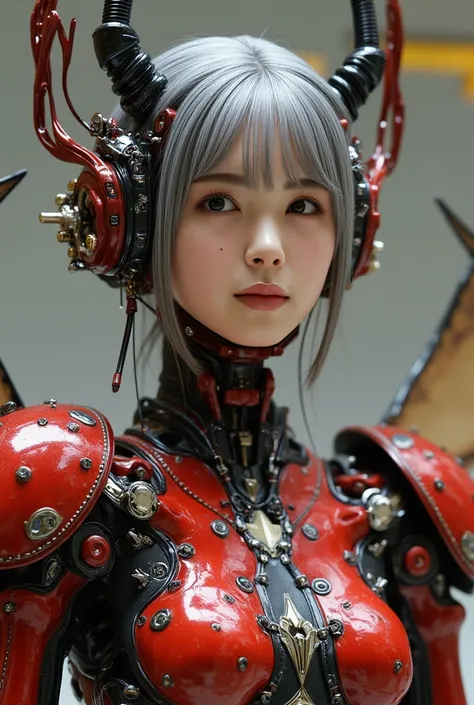 Insect-type Cyborg Girl, (top-quality:1.2, masterpiece), ultra-high resolution, ultimately surrealism, (Photorealsitic:1.4), (stag beetle-like (mechanical:1.4) (armor:1.1)),mechanical large wings, red porcelain body, mechanical legs, gray hair, growly skin...