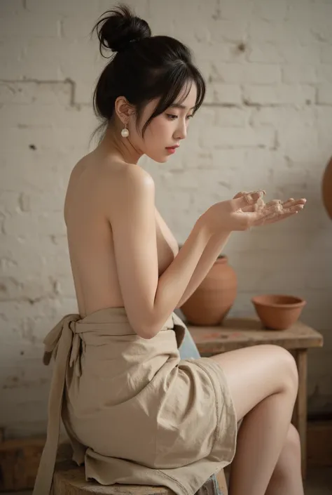 A stunning young Asian woman with delicate features, wearing a loose beige apron that reveals her bare back and side. She is seated on a rustic wooden stool in an old pottery studio, surrounded by clay pots and earthenware. Her dark hair is styled in a mes...