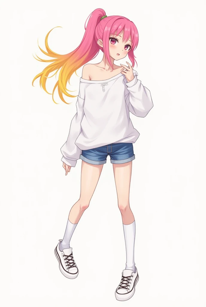  Oc female character anime vtuber, long hair pony tail, hair color of the upper part pink and the lower part yellow, pink eyes , wear an off-the-shoulder shirt, wear shorts made of jeans, wearing sneakers, wearing white stockings.