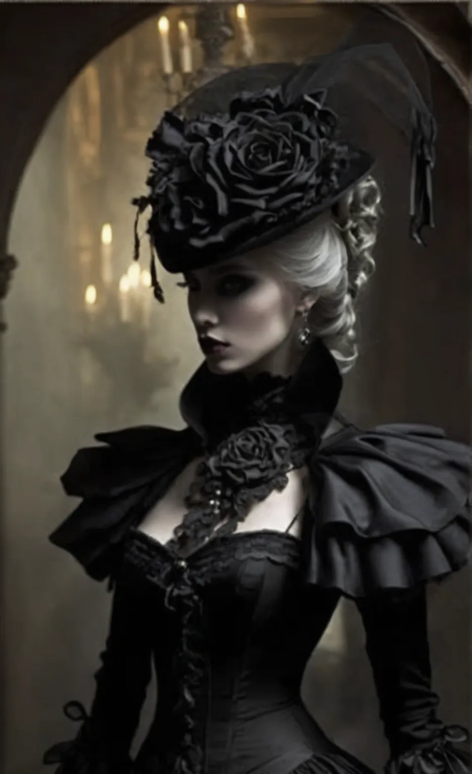 arafed woman in a black dress and a black hat, Victorian goth, elegant Victorian, Victorian gothic, gothic fashion, gothic clothing, gothic and baroque, gothic influence, gothic regal, dark goth queen, baroque dark art, gothic art style, black rococo, an e...