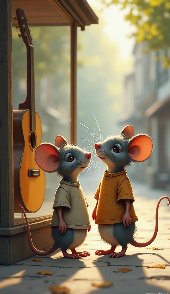 
A gray human-like mouse, wearing an old T-shirt, and her mouse mother, wearing an old T-shirt, stand looking at a guitar through the glass of a shop. The air is fresh.