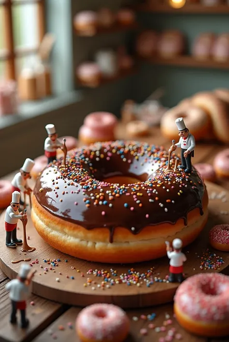 Create a highly detailed and visually appealing advertisement featuring a big and large, delicious, beautiful donut with glossy, dripping chocolate glaze. Many miniature chefs dressed in white chef coat with black pent and red aprons are decorating the don...