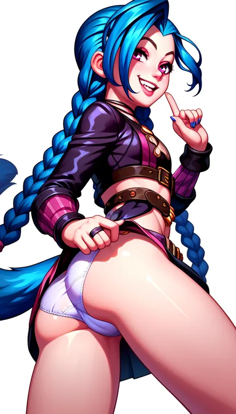 ((Jinx)), (masterpiece:1.2), hyper detail, best quality, (intricate_details:1.1), beautiful detailed, beautiful hair, solo,1girl, detailed beautiful, deep crimson eyes, detailed brown hair, intricate hair, long hair, wolf tail,tail under the skirt, slim bo...