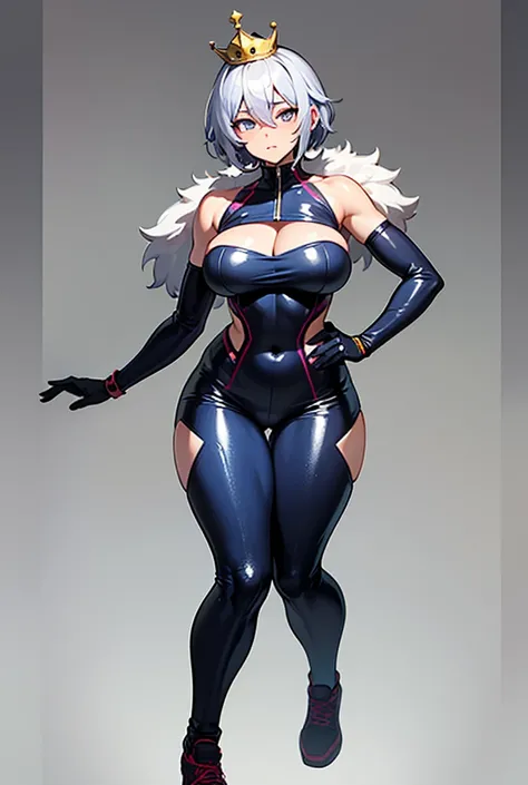 by: silver color, short and punk style .
eyes:  blue color ,  shiny and expressive .
fur: De color king
Ropa:  tight combat suit ,  usually in black or dark blue , That highlights your figure
Corps:  Athletic and toned ,  with pronounced curves that highli...