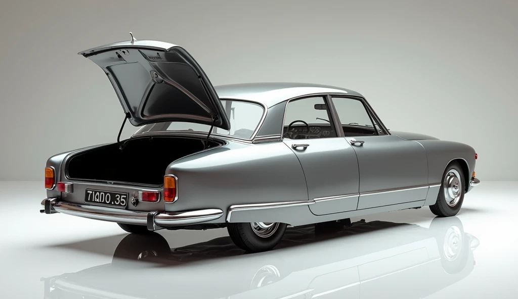 create an ultra-detailed 3D render of a Classic, 1972 Citroen D'S 21(trunk-open).The car should feature a 'Gleamy glossy painted Gris Palladium' color, and sleek.The body should be in glossy Gris Palladium, captured in an ultra-detailed, glossy, shining im...