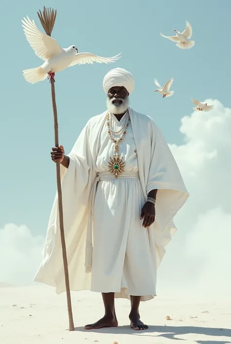 Orixá Oxalá Velho. Black man with white beard,  with a staff in hand . Completely white clothing. White turban White doves flying.  beautiful and clear background . Image inspired by the Orixas 
Full body image up to the feet 