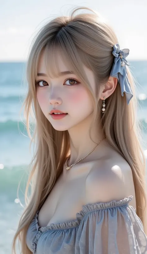  like an idol ,  long hair ,round face ,  bust up ,  As shown in the picture  ,    highdefinition images 、 live action、  Natural soft light、Pink Sky、 one girl、 best beautiful girl 、  Fresh look   、 beautiful face、  Has Big Eyes 、  double eyelids、 White Clo...