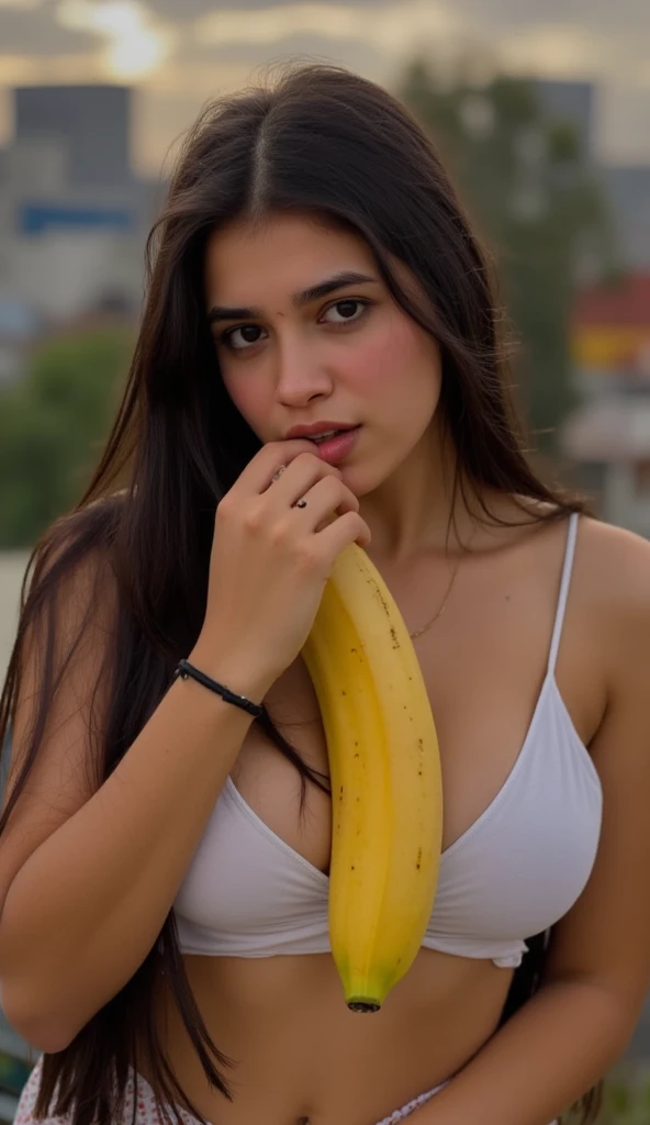 A woman eating a large banana wearing tank top, detailed facial features, beautiful eyes, lush lips, photorealistic, high resolution, 8k, hyperdetailed, studio lighting, dramatic chiaroscuro, cinematic, moody lighting, dramatic shadows, rich colors, vibran...