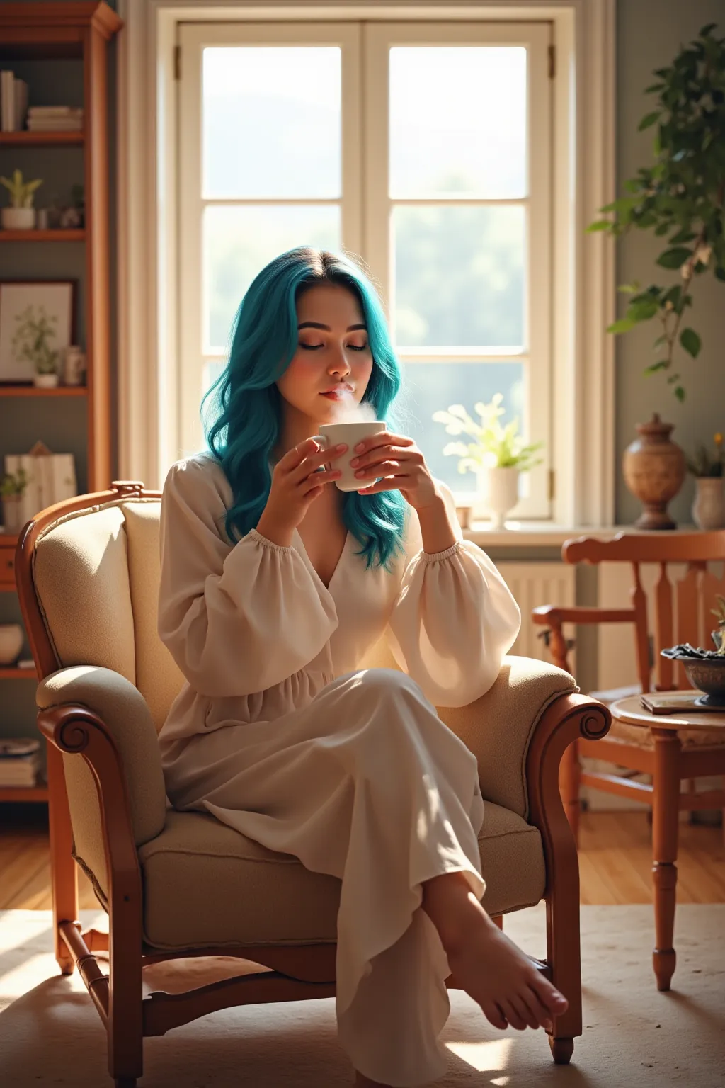 She has blue hair and is sitting in a chair and smiling while drinking coffee.It's a living room where sunlight comes in through the window.The chairs and table are made of wood.