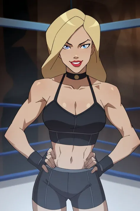 score_9, score_8_up, score_7_up, source_cartoon,black canary, blue eyes, blonde hair, long hair, large breasts, dark gray boxing shorts , dark gray boxing gloves, dark gray sports bra, choker, cleavage, bare shoulders,  BREAK standing, looking at viewer, s...