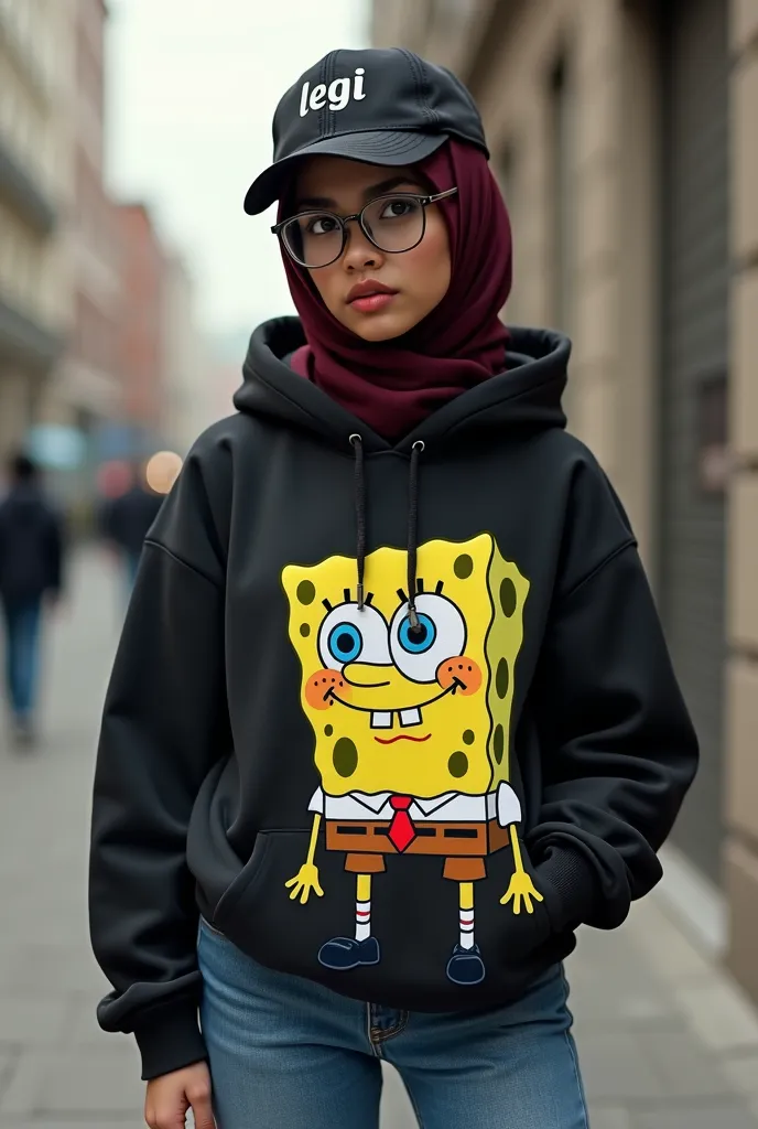 Woman wears black hodie pictorial spongebob 
wears blue jeans wears round glasses wears a maroon hijab and a black hat with the inscription Legi