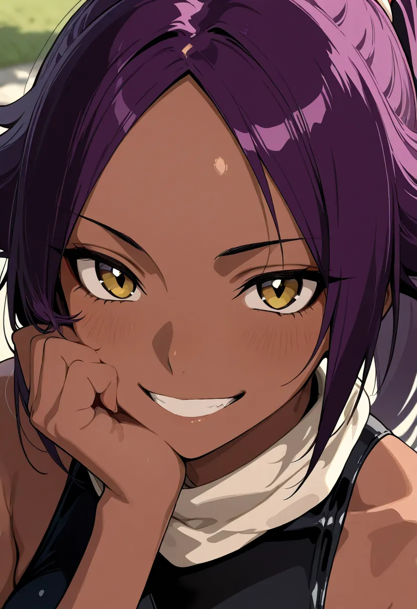 (Best quality, 8K, masterpiece), Best illustration, 1 girl, shihouin yoruichi, grin, 