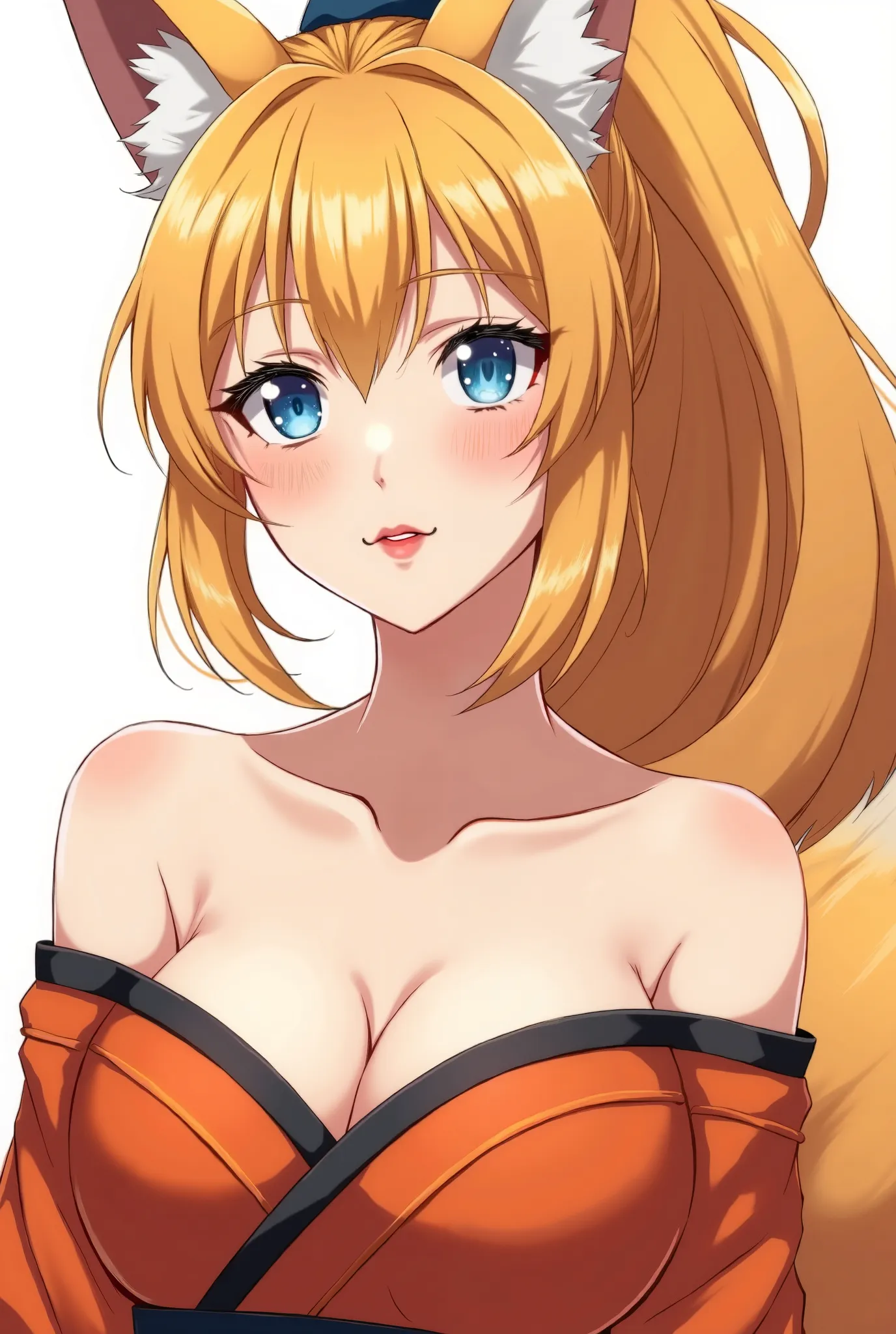 A close-up anime-style illustration of a mature female fox spirit with fox ears and a fluffy tail. She has long, flowing orange-yellow hair tied in a high ponytail, with side bangs framing her face. Her hair, ears, and tail share the same orange-yellow col...