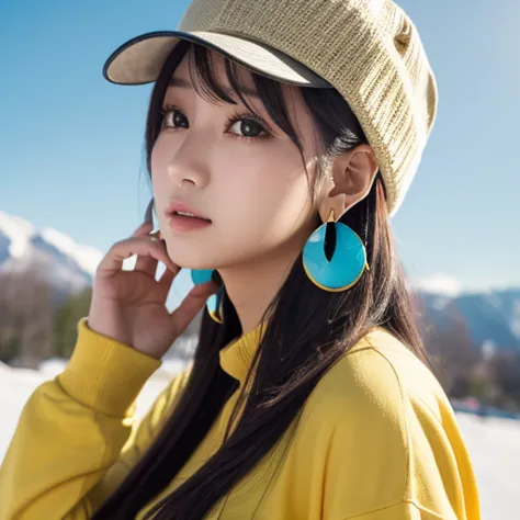  ski style, miku  has sune, Masterpiece,  best quality ,  1 girl, ,   aqua eyes,  cap,  Closed Her Mouth ,  earrings,  has , hoop  earrings,   jewelry,  Look at the Viewer ,  shirt,   simple background, Alone,  upper body, yellow  shirt