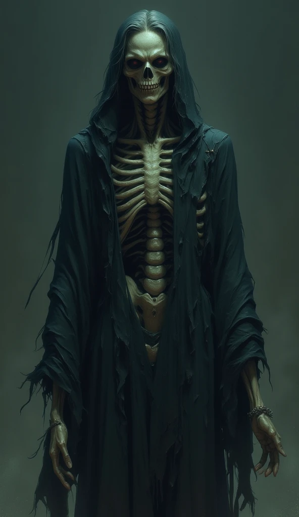 The subject is a haunting, skeletal figure draped in tattered, flowing robes. The figure's emaciated form and exposed bones give it an eerie and menacing presence.
The face of the figure is gaunt and sunken, with hollow eyes that seem to stare blankly ahea...