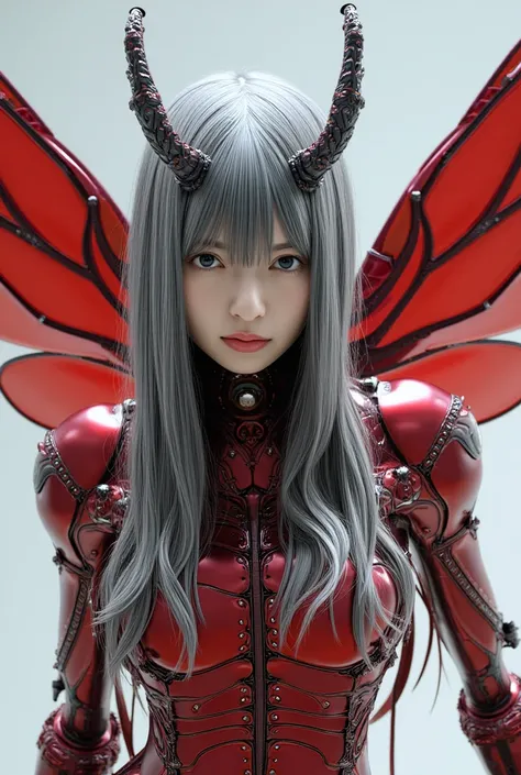 Insect-type Cyborg Girl, (top-quality:1.2, masterpiece), ultra-high resolution, ultimately surrealism, (Photorealsitic:1.4), (stag beetle-like (mechanical:1.4) (armor:1.1)),mechanical large wings, red porcelain body, mechanical legs, gray hair, growly skin...