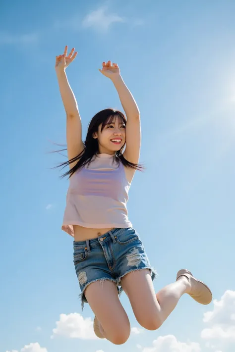 A cute young woman is captured mid-air, jumping high as if she is flying against a bright blue sky. Her expression is joyful and free, with her hair and clothes flowing in the wind. She wears a stylish yet casual outfit, and the sunlight highlights her fac...