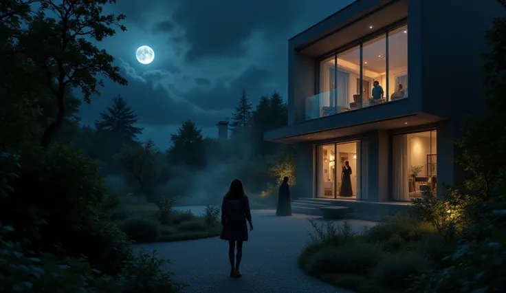 "Wide-angle cinematic shot, 8K resolution. An ominous night scene in a modern hillside villa. Three shadowy female figures approach through a misty garden path lit by flickering street lights. A figure in the foreground in a leather jacket grins while scro...