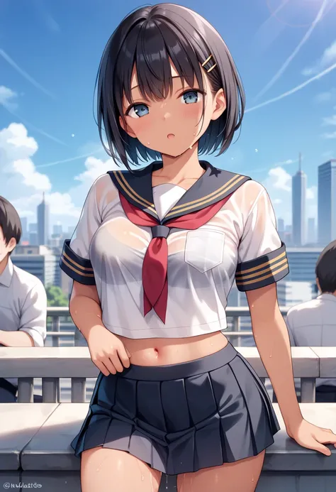 masterpiece, best quality, delicate illustration,ultra detailed skin,  Black Hair, 
(1girl:1.2), (tan:1.0), (see-through) ((summer) school uniform:1.0), (micro mini skirt:1.2), (it is see-through Navy skirt:1.2), (no panties:1.2), (love juice:1.2), (City c...