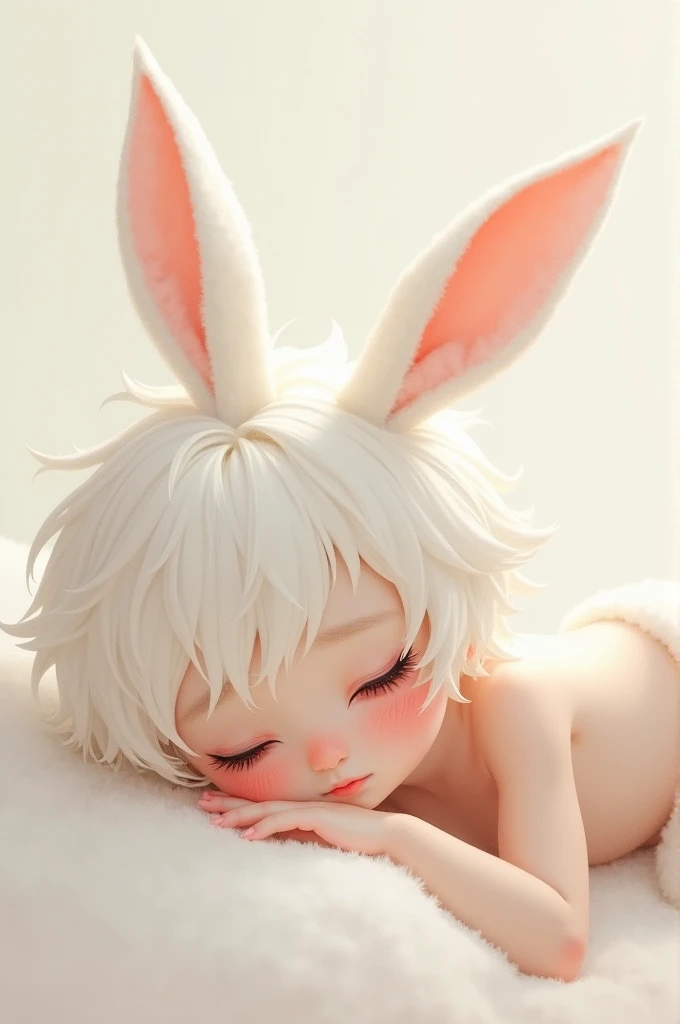 Generate a boy with white hair and rabbit ears,  with a thin body , frail and white skin, Lying shirtless, make him cute and cuddly, 