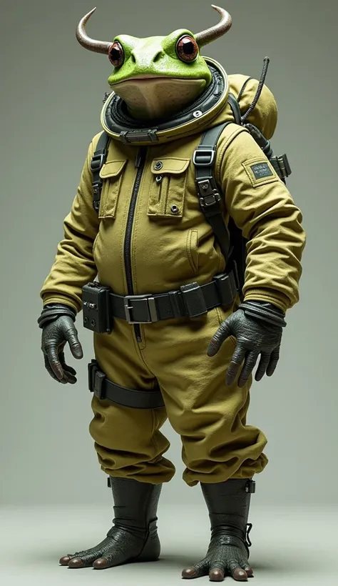 Create a detailed depiction of a full-length figure of a frog-man hybrid, notable for its horn-like protrusions on the head. The figure is clothed in a comprehensive radiation suit, characterized by its thick protective fabric, heavy boots, and notable hel...