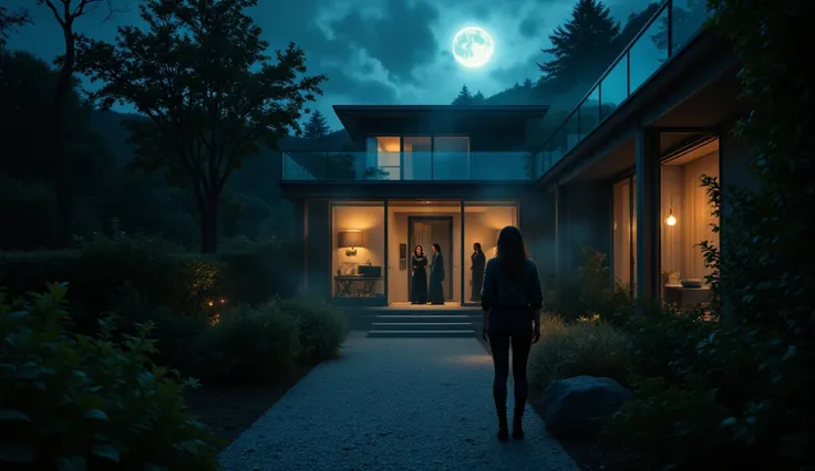 "Wide-angle cinematic shot, 8K resolution. An ominous night scene in a modern hillside villa. Three shadowy female figures approach through a misty garden path lit by flickering street lights. A figure in the foreground in a leather jacket grins while scro...