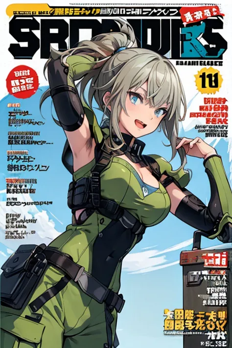 (from below:1.2, best quality ),1girl, solo, perfect, best quality, masterpiece, beautiful, pretty,female orbital drop shock trooper, green combat suit, futuristic body armor, large breasts, cleavage, cargo pants, long brown hair, ponytail, blue eyes, tact...