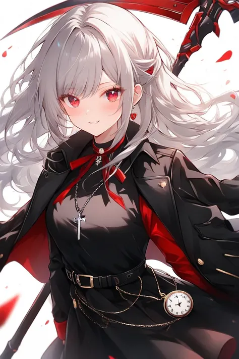  cool girl、 mafia、 black clothes、I'm wearing a coat over my shoulders、cadre、assassination、Hitman、cool、 no highlight in eye、 Silver Hair、 red eyes、 and a big scythe、 red ribbon、 hair is long、I'm wearing a pocket watch around my waist、 pendant、I'm wearing a ...