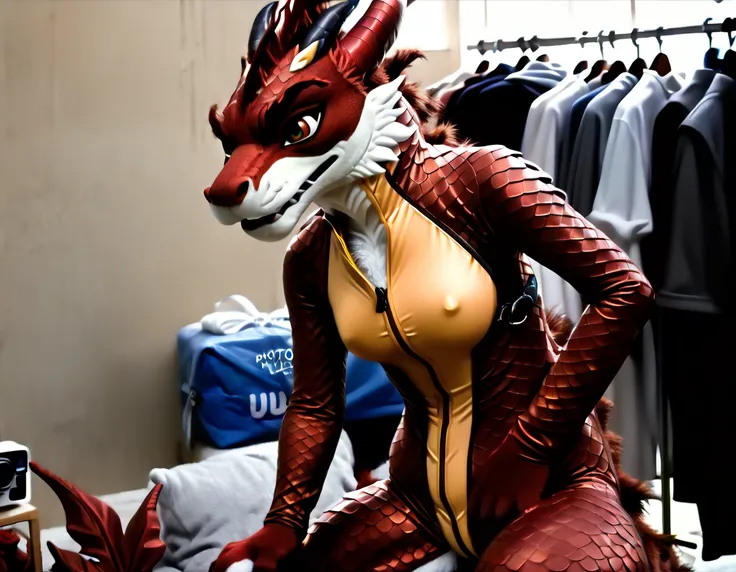 best quality, 1girl, 8k, masterpiece, UHD, closeup, full body view, (photorealistic GoPro real life photo:2),  (inanimate empty fursuit transformation:1.5), (partially human woman in the process of morphing into an anthro plushie eastern dragon fursuit sex...