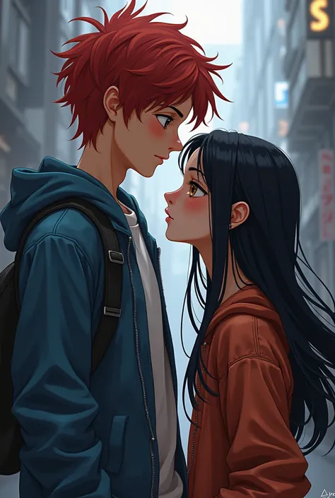 Create an image of two teenagers, one male and the other female, The man with reddish blue hair and very tall the woman with long black hair, hazel eyes and short stature