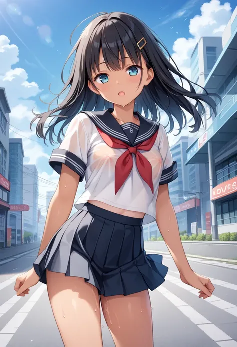 masterpiece, best quality, delicate illustration,ultra detailed skin,  Black Hair, 
(1girl:1.2), (tan:1.0), (see-through) ((summer) school uniform:1.0), (micro mini skirt:1.2), (it is see-through Navy skirt:1.2), (no panties:1.15), (love juice:1.2), (City ...