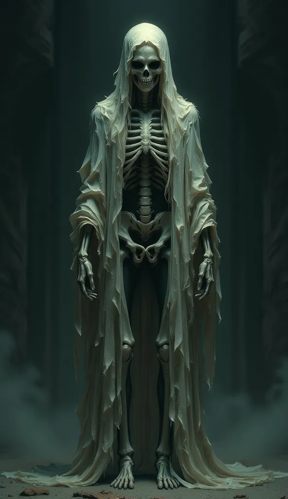 The subject is a haunting, skeletal figure draped in tattered, flowing robes. The figure's emaciated form and exposed bones give it an eerie and menacing presence.
The face of the figure is gaunt and sunken, with hollow eyes that seem to stare blankly ahea...