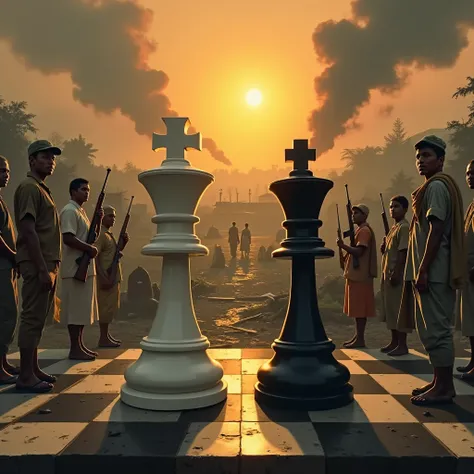 Foreground (Front):
A large chessboard placed prominently in the foreground, slightly tilted toward the viewer for dramatic emphasis.
Two oversized chess pieces (a white king and a black king) stand tall at the front of the board, symbolizing the central c...