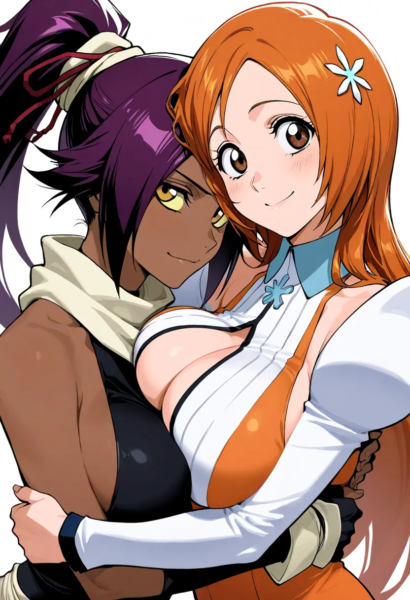 (Best quality, 8K, masterpiece), ultra detailed, Best illustration, safe, 2 girls, (inoue orihime and shihouin yoruichi), hug, looking at viewer,