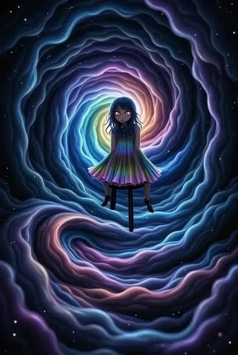 Shifting 3D checkered floor, illusionary depth, warped rainbow forming a stool, caucasian woman with large saucer like eyes with twinking stars in their black depths, colorful tutu dress, she is sitting on the stool. 