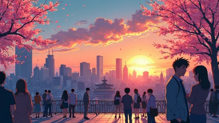 city sunset japanese animation illustration style