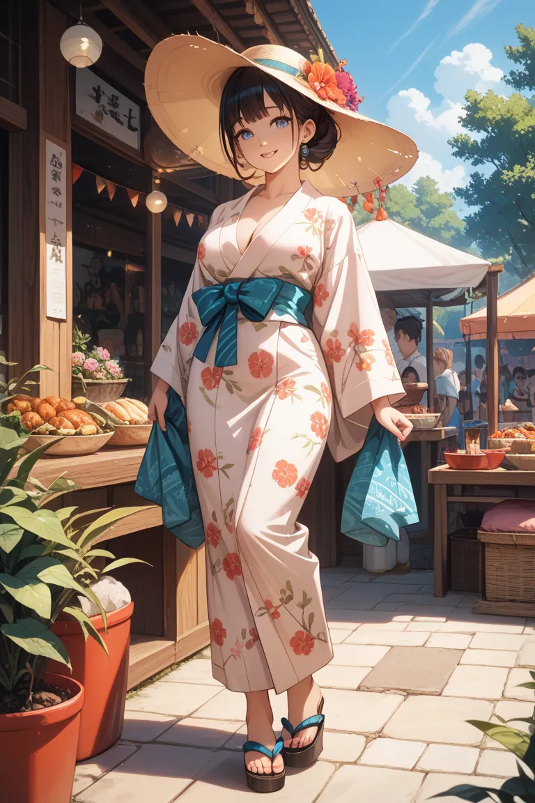 Summer festival stalls ,  best quality, shape,  very well detailed,  Details,  high resolution,   8k Wallpaper,  perfect dynamic composition,  beautiful details,   natural lips , cute yukata ,  big breasted, Chest,   she's smiling in a cute pose.., A total...