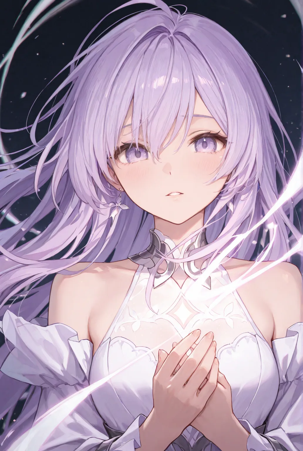 A woman with super long light purple hair and light purple eyes looks lonely and seems to cry a little