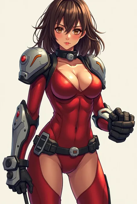 Full body, anime style anime girl, medium hair brunette with big gauntletted fists, The sci-fi parts only should be around the forearms, everywhere else is a tight bodysuit in red-amber accents,  Honkai style