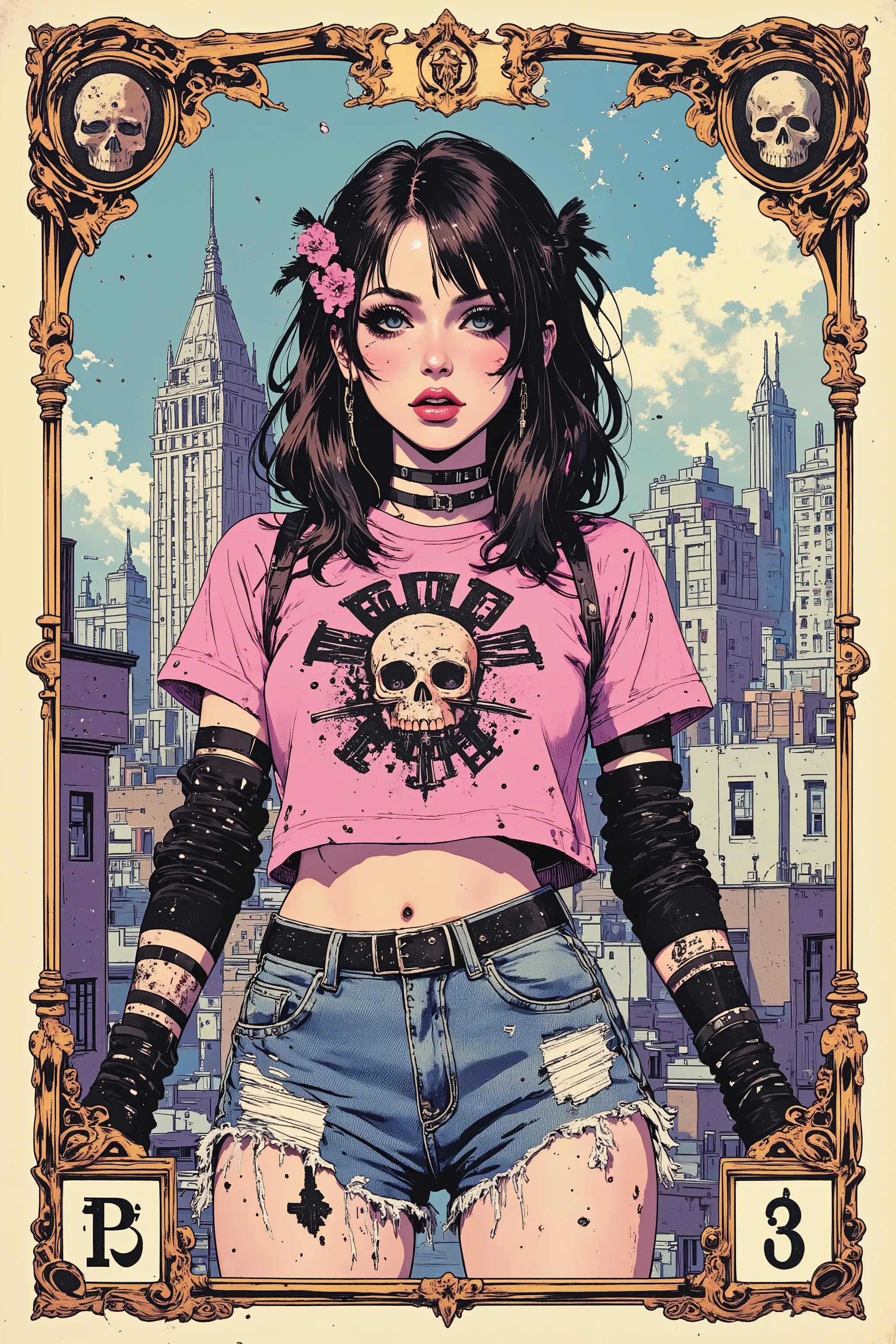 (urban rooftop background:1.3), solo, 1girl, (cinematic lighting:1.5), (close-up details:1.2), (black-hair:1.3), (feminine kawaii goth aesthetics:1.3), (heroin chic:1.5), (stoner:1.5), (pink cropped graphic tee with holes:1.3), (denim cutoff shorts:1.5), (...