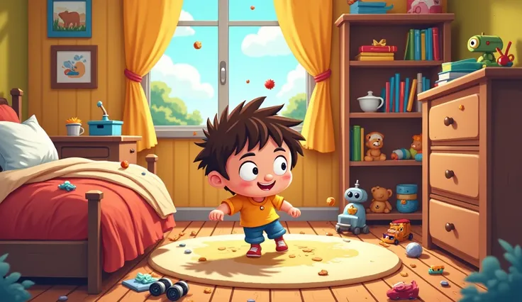 A cartoonish, playful bedroom in a state of delightful chaos, featuring a naughty boy who has clearly been up to some mischief. The room should have bright, vibrant colors to convey a fun, energetic atmosphere, with scattered toys, clothes, and a general s...