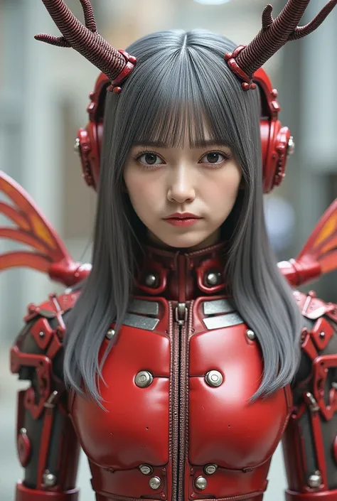 Insect-type Cyborg Girl, (top-quality:1.2, masterpiece), ultra-high resolution, ultimately surrealism, (Photorealsitic:1.4), (stag beetle-like (mechanical:1.4) (armor:1.1)),mechanical large wings, red porcelain body, mechanical legs, gray hair, growly skin...